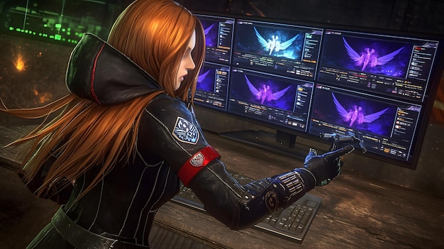 A screenshot from a next-gen action RPG in development. Show a highly detailed character customization screen with various options for armor, weapons, skills, and appearance.