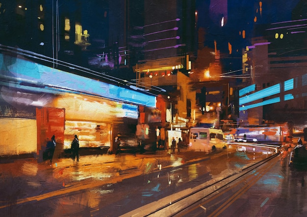 A digital painting of a futuristic cityscape at night, with neon lights reflecting off of rain-slicked streets, showcasing advanced graphics technology in a new video game.