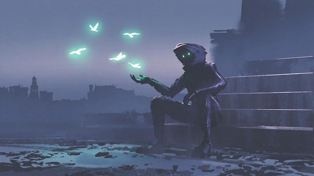 A first-person perspective of a player character in a video game, standing on an alien planet with bizarre flora and a binary star system visible in the sky, illustrating the exploration aspect of innovative games.