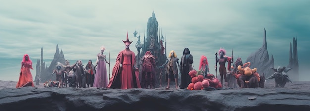 A promotional banner for a highly anticipated RPG, featuring a diverse cast of characters in detailed armor, set against a backdrop of a sprawling, fantastical landscape.
