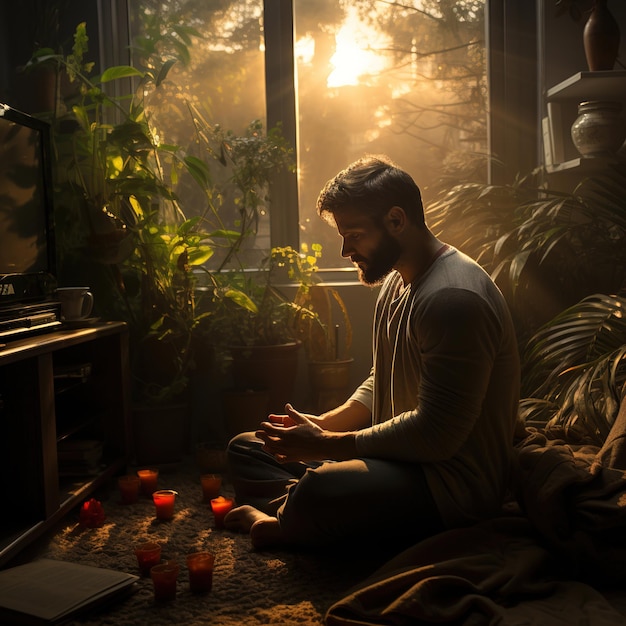 A serene image of a gamer meditating or practicing mindfulness to improve focus and concentration.