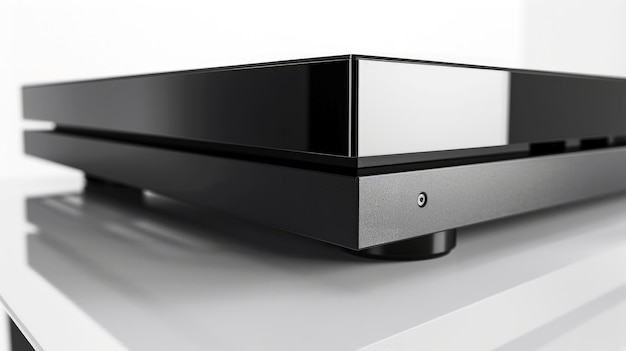 Close-up of a PlayStation 5 console showcasing its sleek design. A game disc case with the ray tracing logo is visible in the background. Soft, diffused lighting to highlight the console's textures and curves.