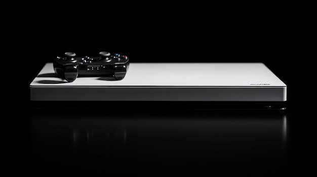 A close-up of the PlayStation 5 console, highlighting its sleek, white design and the Blu-ray disc drive. The focus is on the console's physical appearance, with a soft background showing a modern entertainment center.