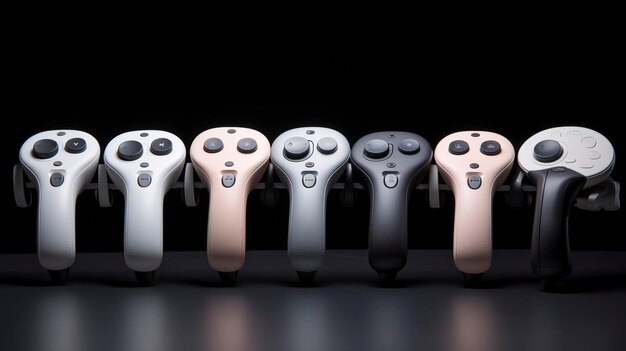 A variety of console controllers laid out on a table, showing different ergonomic designs and button layouts.
