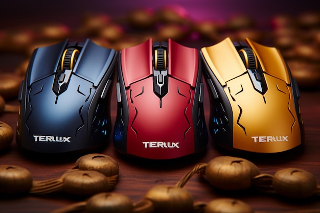 A comparison shot of three different gaming mice from different price ranges (entry-level, mid-range, and high-end), highlighting the differences in design, features, and build quality.