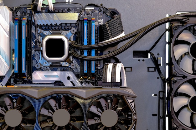 A detailed image showing the various components of a gaming PC, including the CPU, GPU, RAM, motherboard, storage devices (SSD and HDD), power supply, and cooling solutions (CPU cooler and case fans). Each component should be clearly labeled.