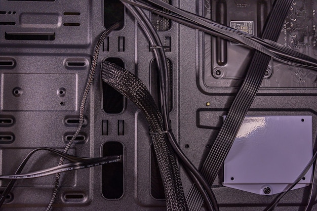 A close up view of the power supply unit inside a gaming PC, highlighting the different connectors and cables.
